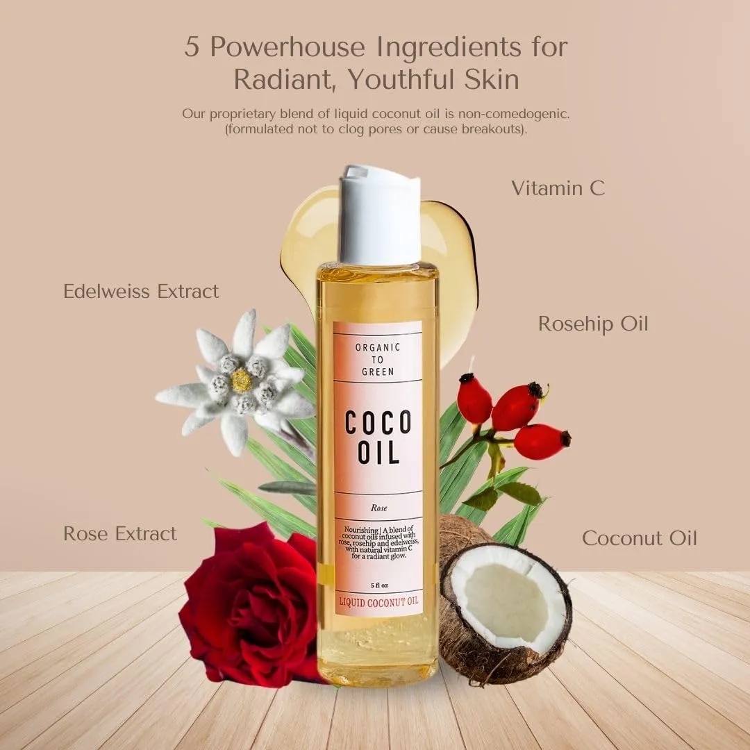 Organic to Green ROSE COCO OIL & VITAMIN C–Face & Body Serum Oil & Skincare Moisturizer with Vitamin E, Rosehip & Edelweiss – Fast-Absorbing, Restore Natural Glow, Non-Greasy, Clean Beauty, Vegan, 5oz