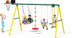 Osoeri Swing Sets for Backyard, 5-in-1 Kids Swing Set, Outdoor Swing Set with Saucer Swing, Glider, Rope Swing, and Basketball Hoop