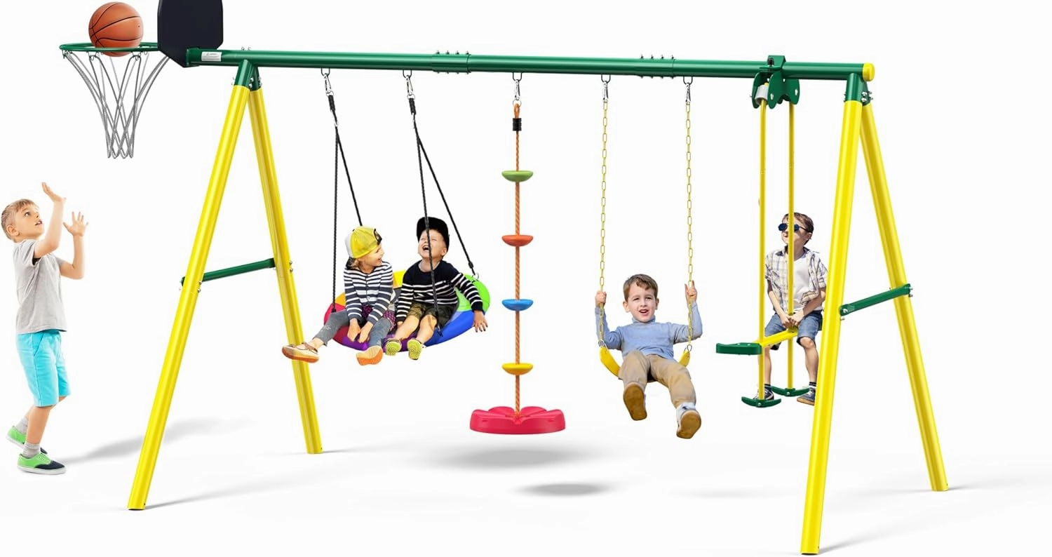 Osoeri Swing Sets for Backyard, 5-in-1 Kids Swing Set, Outdoor Swing Set with Saucer Swing, Glider, Rope Swing, and Basketball Hoop