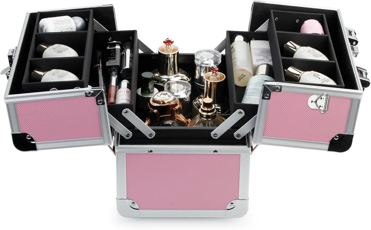 OUDMAY Makeup Case - Professional Portable Aluminum Cosmetics Storage Box With Locks and 2-Deck Folding Trays Pink Diamond