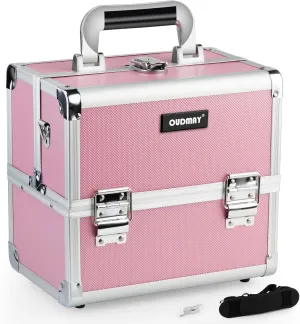 OUDMAY Makeup Case - Professional Portable Aluminum Cosmetics Storage Box With Locks and 2-Deck Folding Trays Pink Diamond