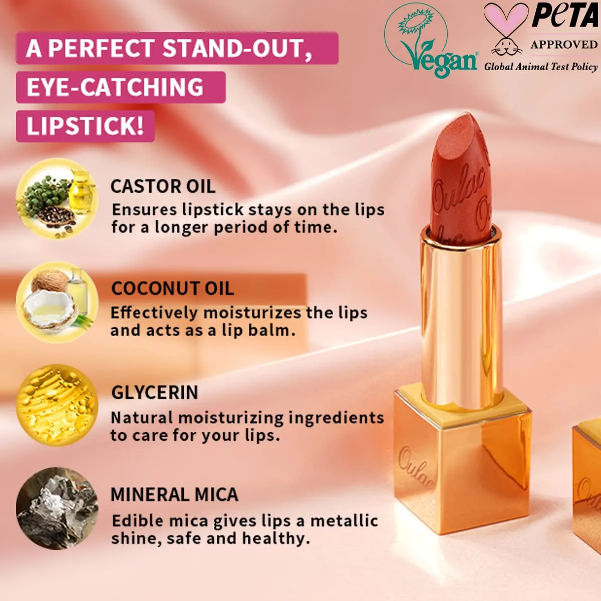 Oulac Orange Lipstick Set 2PCS - Metallic and Sheer Orange Lipstick, Vegan Hydrating Formula, 05 PG04
