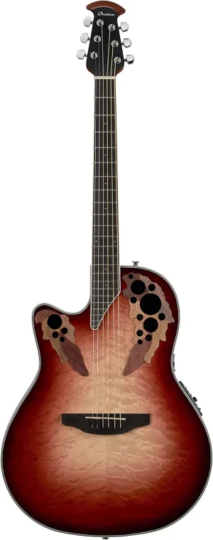 Ovation Celebrity Elite Exotic Mid Depth Left Handed Rudy Red/Natural Burst Quilted Gloss CE44LX-1R