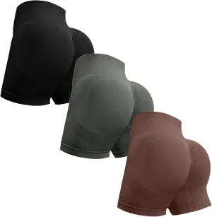 OVESPORT 3 Piece Workout Shorts for Women Seamless Scrunch Butt Lifting High Waisted Yoga Gym Booty Running Short Pants