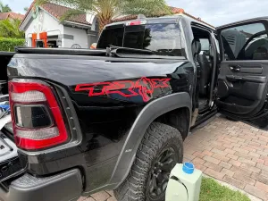 Pair of Gloss RED Universal Style Dinosaur TREX Bedside Bed Side Truck Decal Decals Vinyl Graphics Compatible with 2022 2023 Ram Rebel TRX F150 F250 Raptor Wrangler