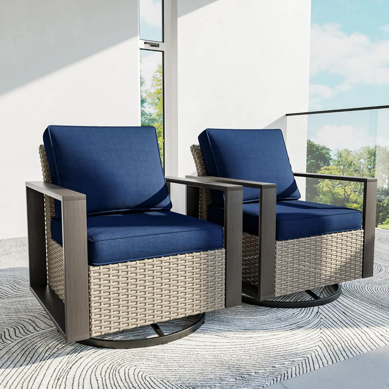 Patio Chairs Set of 2, Outdoor Swivel Rocker Patio Chairs, Metal Patio Furniture with Deep Seating, Thicken Cushions for Deck, Porch, Yard Use (Blue, 2 PCS/Swivel)