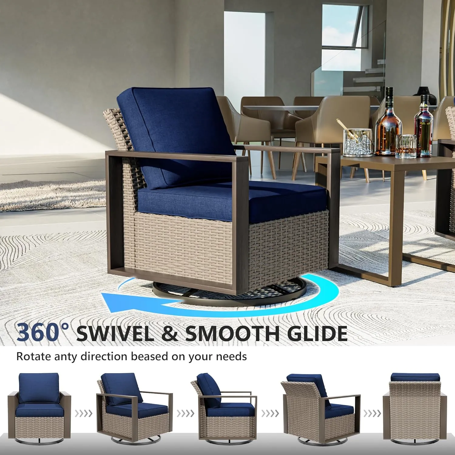 Patio Chairs Set of 2, Outdoor Swivel Rocker Patio Chairs, Metal Patio Furniture with Deep Seating, Thicken Cushions for Deck, Porch, Yard Use (Blue, 2 PCS/Swivel)