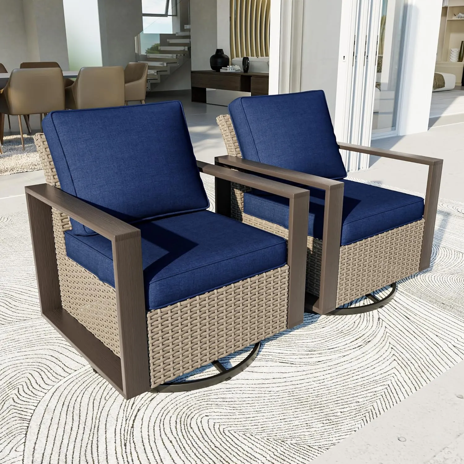 Patio Chairs Set of 2, Outdoor Swivel Rocker Patio Chairs, Metal Patio Furniture with Deep Seating, Thicken Cushions for Deck, Porch, Yard Use (Blue, 2 PCS/Swivel)