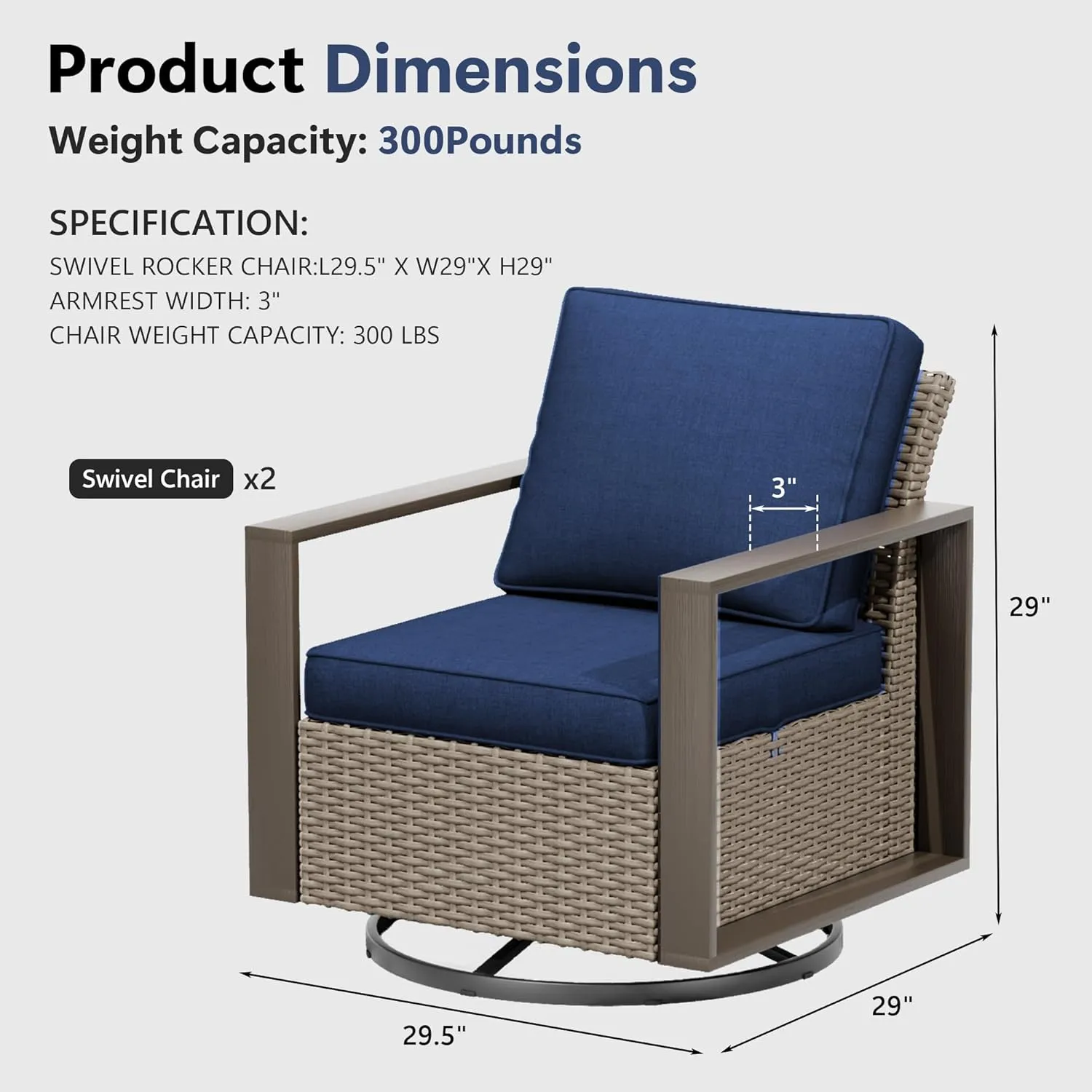 Patio Chairs Set of 2, Outdoor Swivel Rocker Patio Chairs, Metal Patio Furniture with Deep Seating, Thicken Cushions for Deck, Porch, Yard Use (Blue, 2 PCS/Swivel)