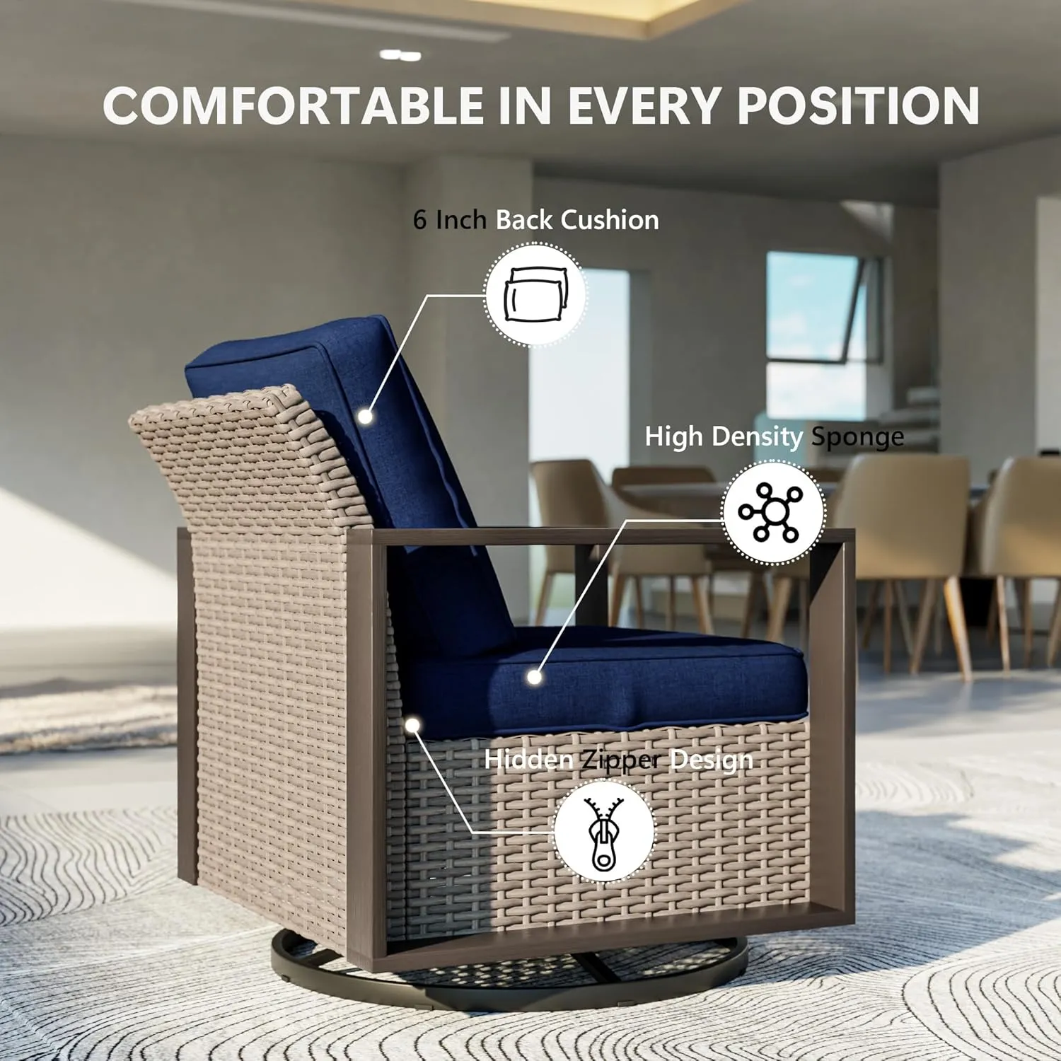 Patio Chairs Set of 2, Outdoor Swivel Rocker Patio Chairs, Metal Patio Furniture with Deep Seating, Thicken Cushions for Deck, Porch, Yard Use (Blue, 2 PCS/Swivel)