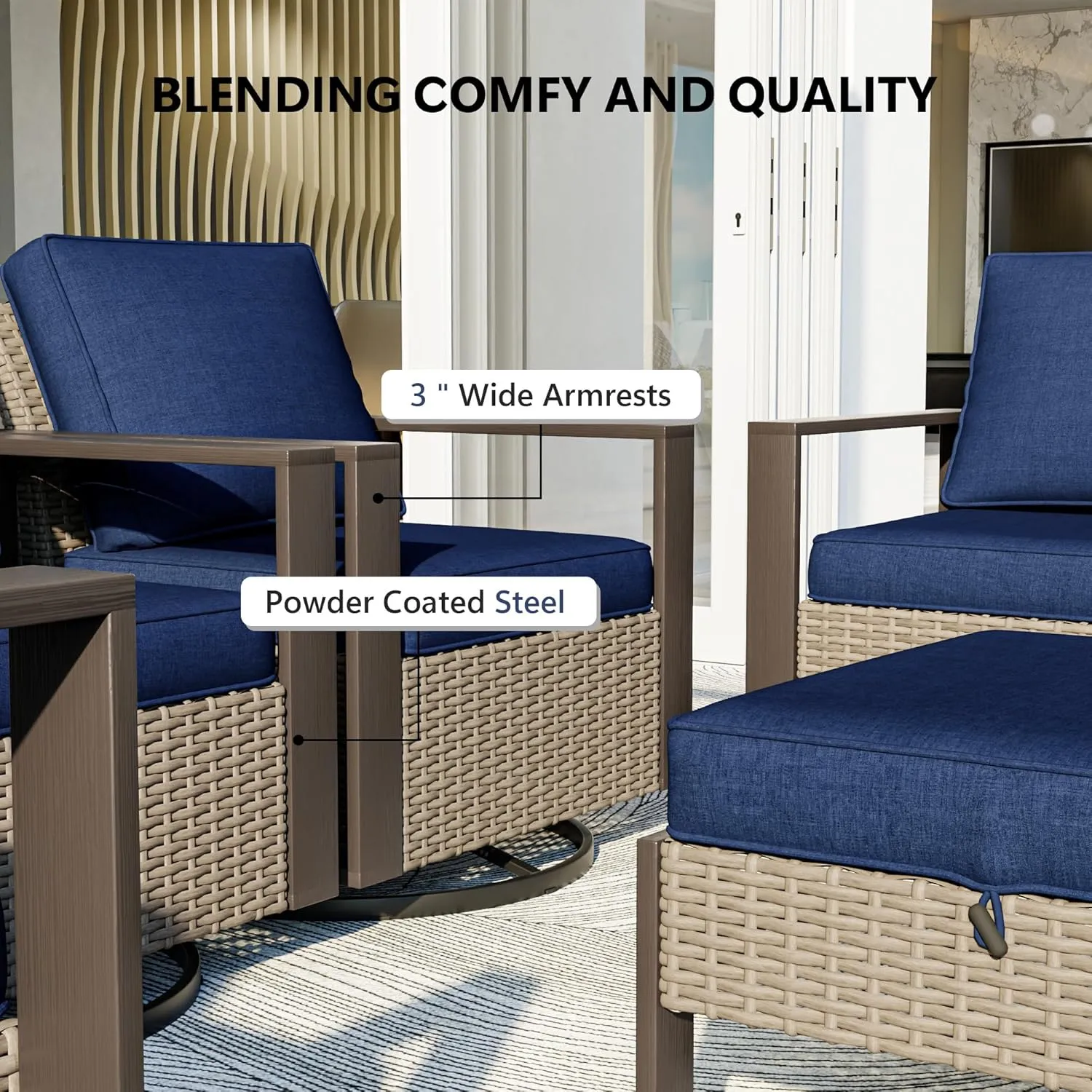 Patio Chairs Set of 2, Outdoor Swivel Rocker Patio Chairs, Metal Patio Furniture with Deep Seating, Thicken Cushions for Deck, Porch, Yard Use (Blue, 2 PCS/Swivel)