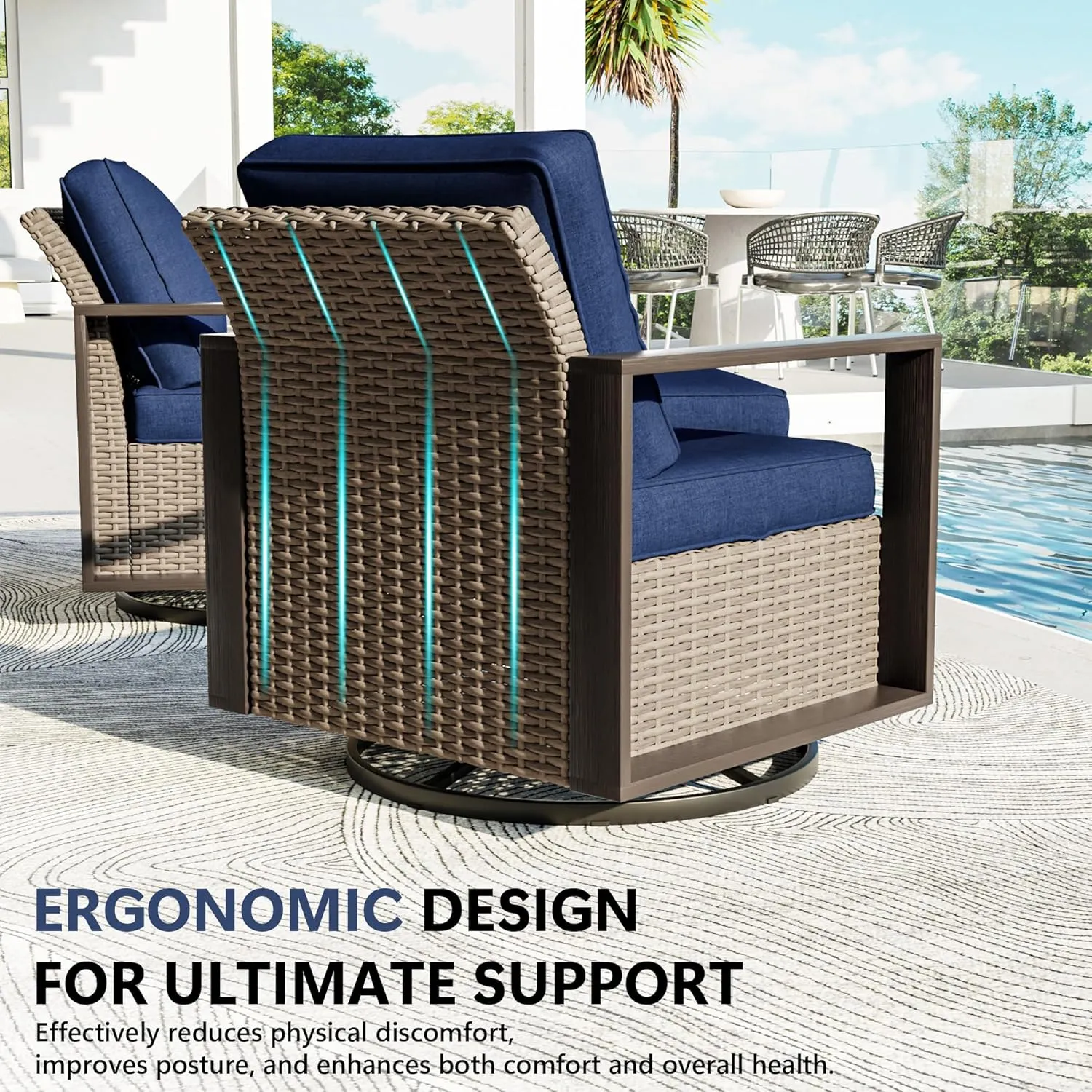 Patio Chairs Set of 2, Outdoor Swivel Rocker Patio Chairs, Metal Patio Furniture with Deep Seating, Thicken Cushions for Deck, Porch, Yard Use (Blue, 2 PCS/Swivel)