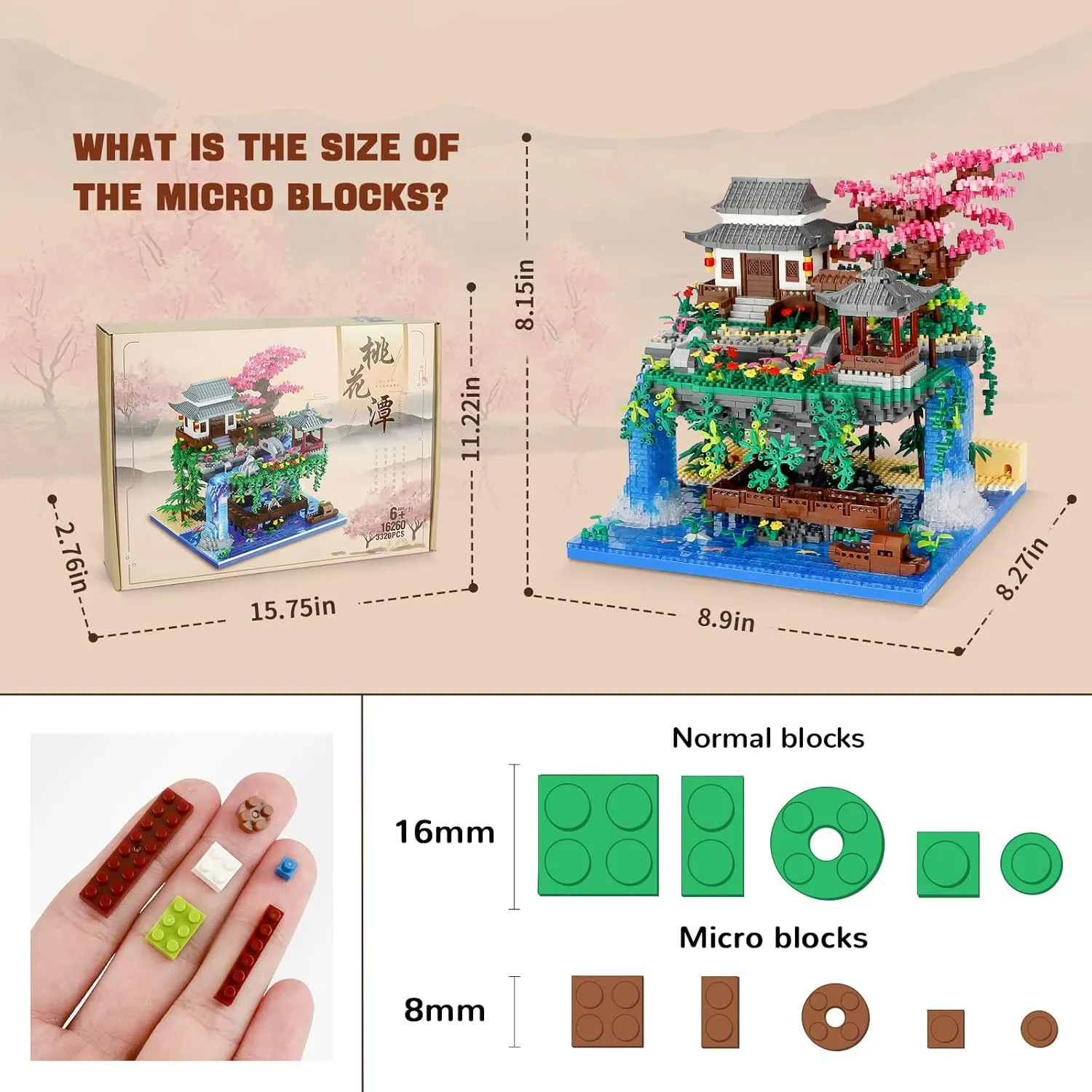 Peach Blossom Pond Micro Mini Building Blocks Set for Adults and Kids, Chinese Architecture Cherry Bonsai Gift Toys with String Lights, Japanese Flowers Tree House Micro Bricks (3320PCS)