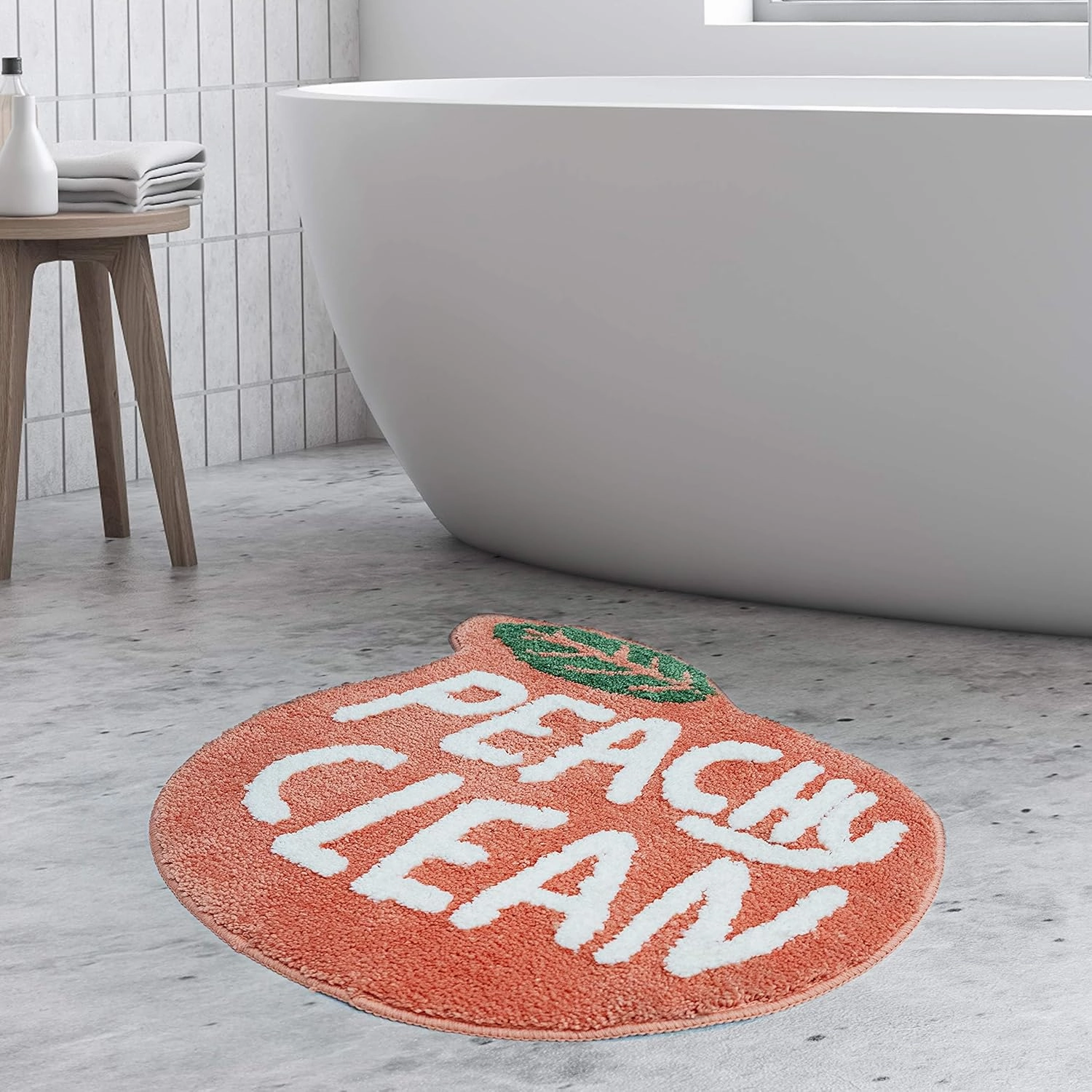 Peach Bathroom Rugs and Mat Cute Cartoon Decor Plush Non-Slip and Absorbent Bathtub Rug Washable