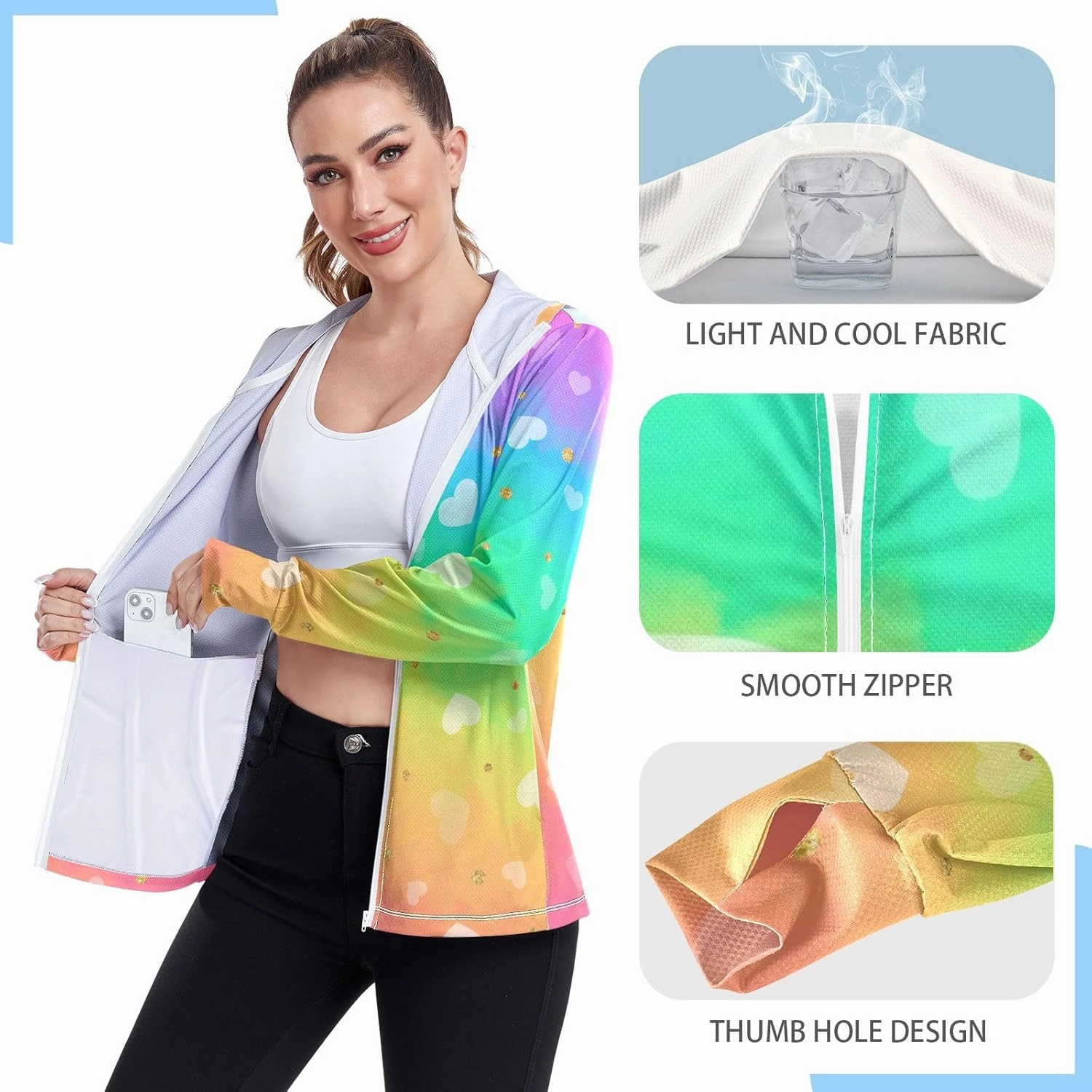 Peach Gradient Upf Hoodie Upf 50 , Lightweight Long Sleeve Shirt Women, Zip Workout Jacket, Outdoor Clothing Women