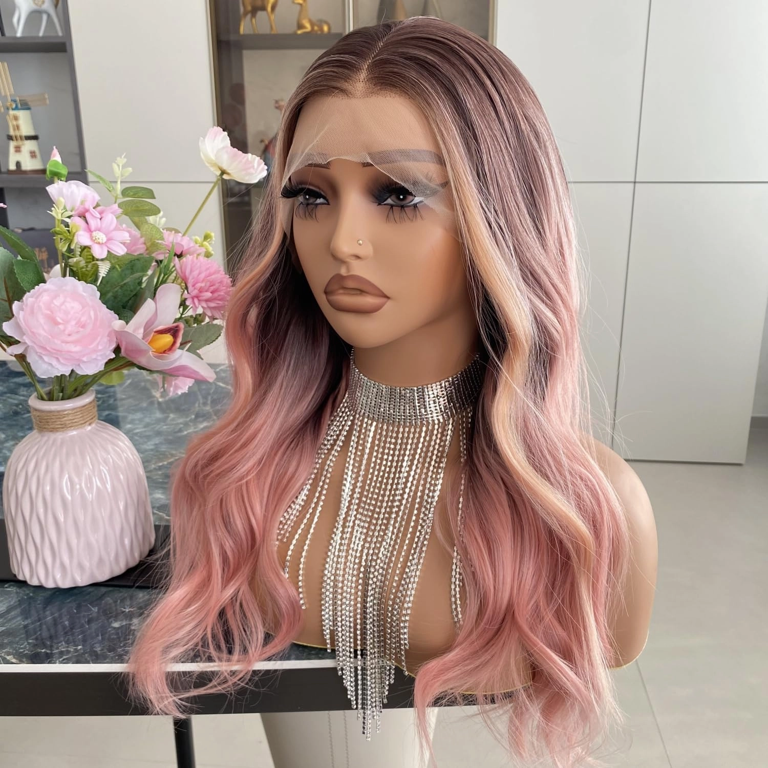 Peach Pink Lace Front Wig Highlight Orange Hair 13x4 Long Body Wave Ombre Dark Root Synthetic Fiber Wigs Pre Plucked 20Inch for Women