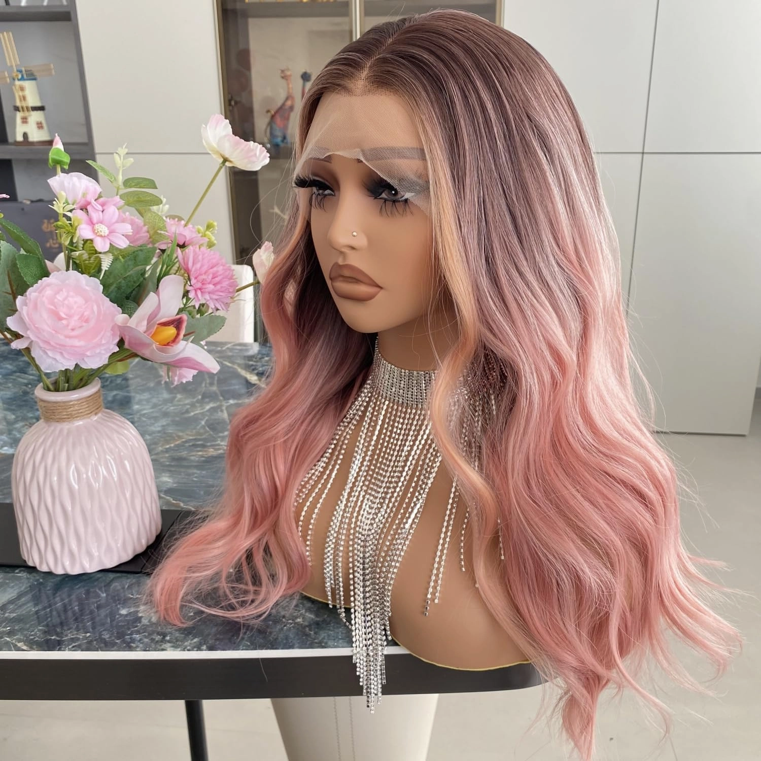 Peach Pink Lace Front Wig Highlight Orange Hair 13x4 Long Body Wave Ombre Dark Root Synthetic Fiber Wigs Pre Plucked 20Inch for Women