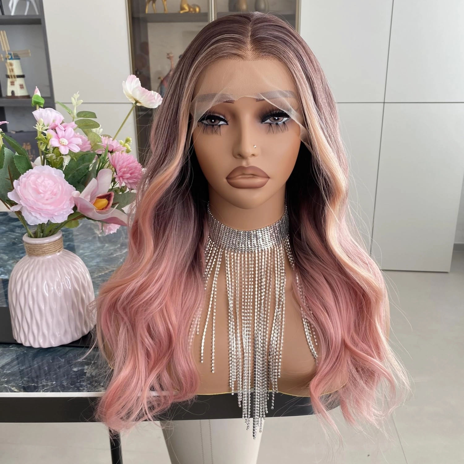 Peach Pink Lace Front Wig Highlight Orange Hair 13x4 Long Body Wave Ombre Dark Root Synthetic Fiber Wigs Pre Plucked 20Inch for Women