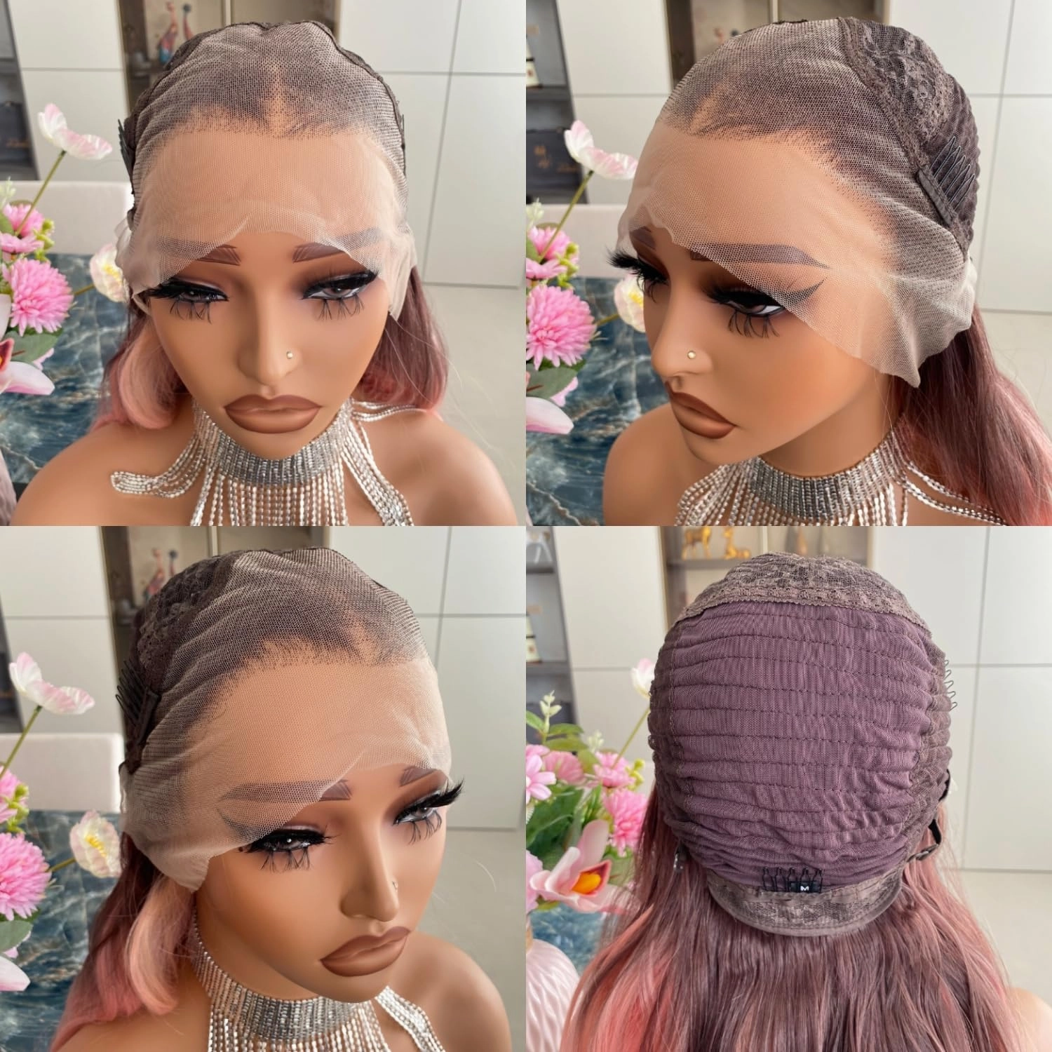 Peach Pink Lace Front Wig Highlight Orange Hair 13x4 Long Body Wave Ombre Dark Root Synthetic Fiber Wigs Pre Plucked 20Inch for Women