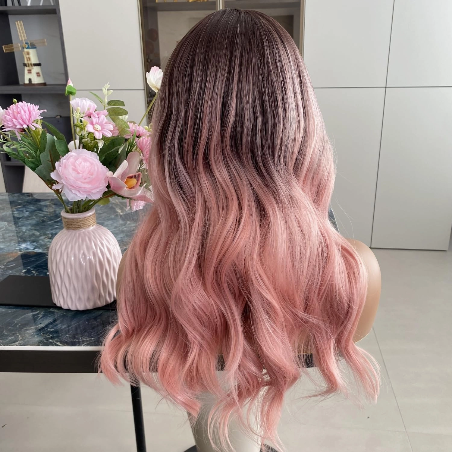 Peach Pink Lace Front Wig Highlight Orange Hair 13x4 Long Body Wave Ombre Dark Root Synthetic Fiber Wigs Pre Plucked 20Inch for Women
