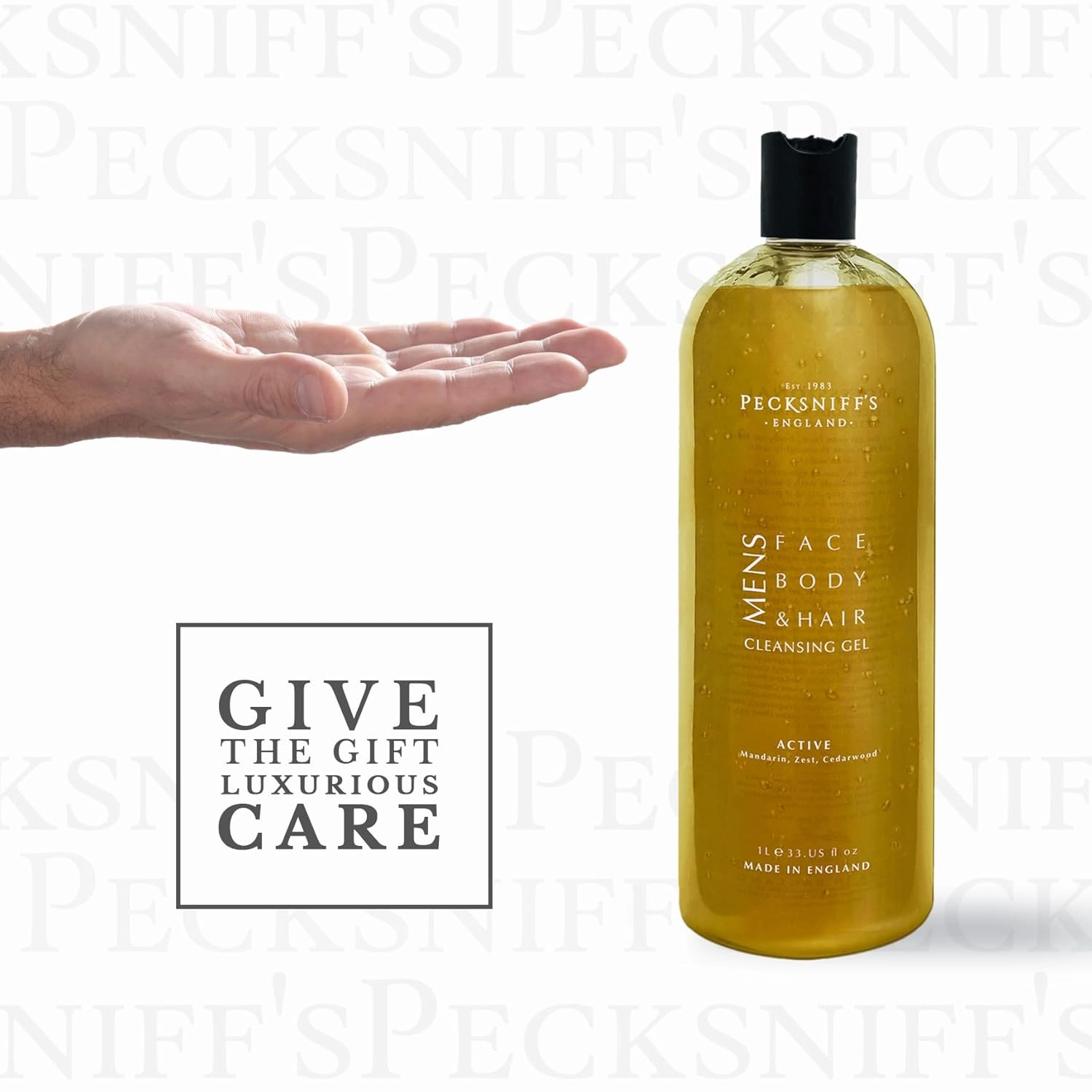 Pecksniff's Active Men's 3-in-1 Cleansing Gel - Invigorating Blend of Mandarin, Zest, and Cedarwood - All-In-One Face, Body, Hair Wash - 33.8 oz (1L) Large Bottle - Comprehensive Grooming Solution