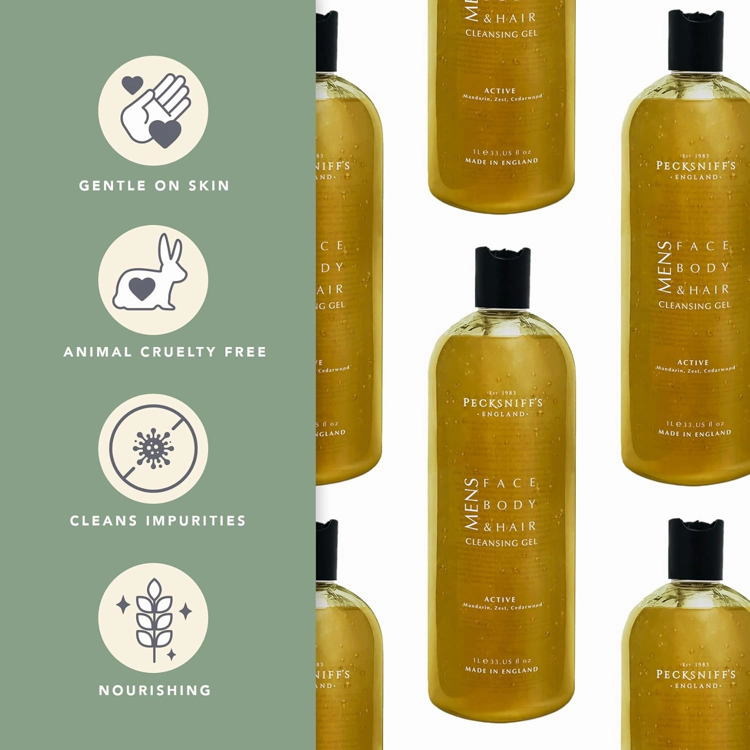Pecksniff's Active Men's 3-in-1 Cleansing Gel - Invigorating Blend of Mandarin, Zest, and Cedarwood - All-In-One Face, Body, Hair Wash - 33.8 oz (1L) Large Bottle - Comprehensive Grooming Solution