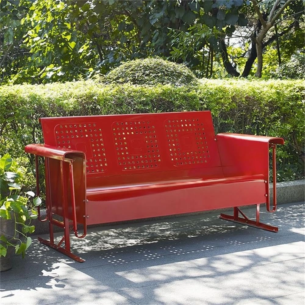 Pemberly Row Metal Gliding Patio Sofa w/Rocking Mechanism in Bright Red Gloss