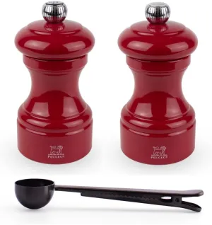 Peugeot Bistro Manual Salt & Pepper Mill Gift Set, Gloss Painted Wood, 10 cm - 4″- With Stainless Steel Spice Scoop/Bag Clip (Passion Red Gloss)