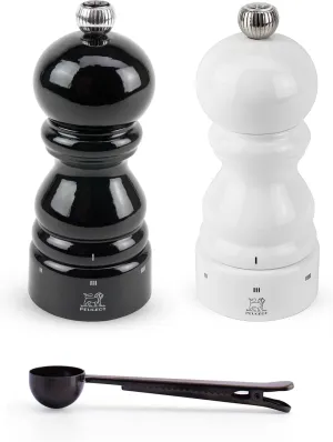 Peugeot Paris u'Select 6 Setting Manual Salt & Pepper Mill Set With Black Stainless Steel Spice Scoop Made In France (White & Black Lacquered, 5- Inch)