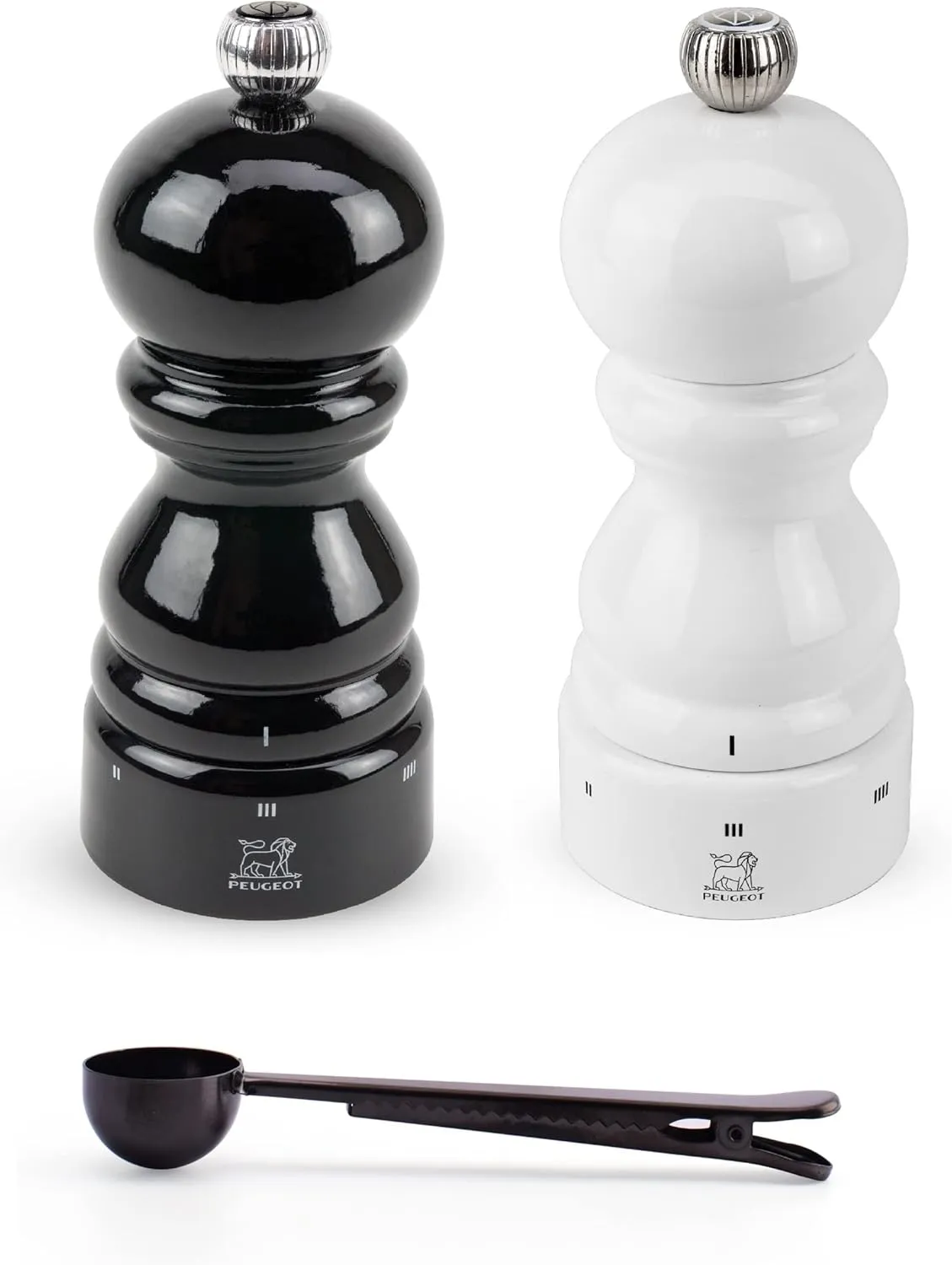 Peugeot Paris u'Select 6 Setting Manual Salt & Pepper Mill Set With Black Stainless Steel Spice Scoop Made In France (White & Black Lacquered, 5- Inch)
