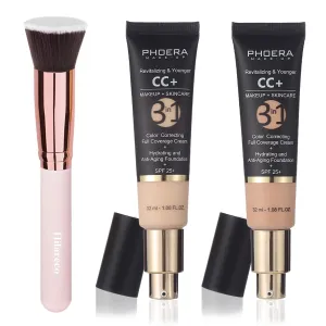 PHOERA CC Cream Foundation With SPF,PHOERA Full Coverage Foundation Color Correcting Cream,Anti Aging Hydrating Serum & SPF 25  Sunscreen Natural Finish1.08 floz (100 Porcelain 120 Nude)