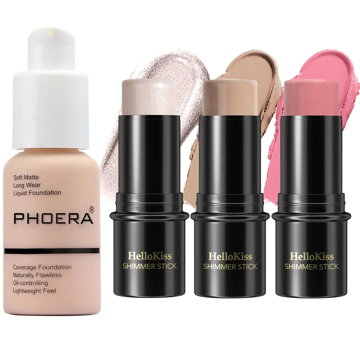 PHOERA Foundation,3 PCS Contour Stick Makeup Kit,Shades with Highlighter Stick,Blush Stick and Bronzer Contour,PHOERA Makeup Wrinkles Matte Natural Finish (101  Fair Contour/Porcelain #01,#08,#13)