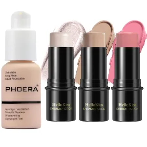 PHOERA Foundation,3 PCS Contour Stick Makeup Kit,Shades with Highlighter Stick,Blush Stick and Bronzer Contour,PHOERA Makeup Wrinkles Matte Natural Finish (101  Fair Contour/Porcelain #01,#08,#13)