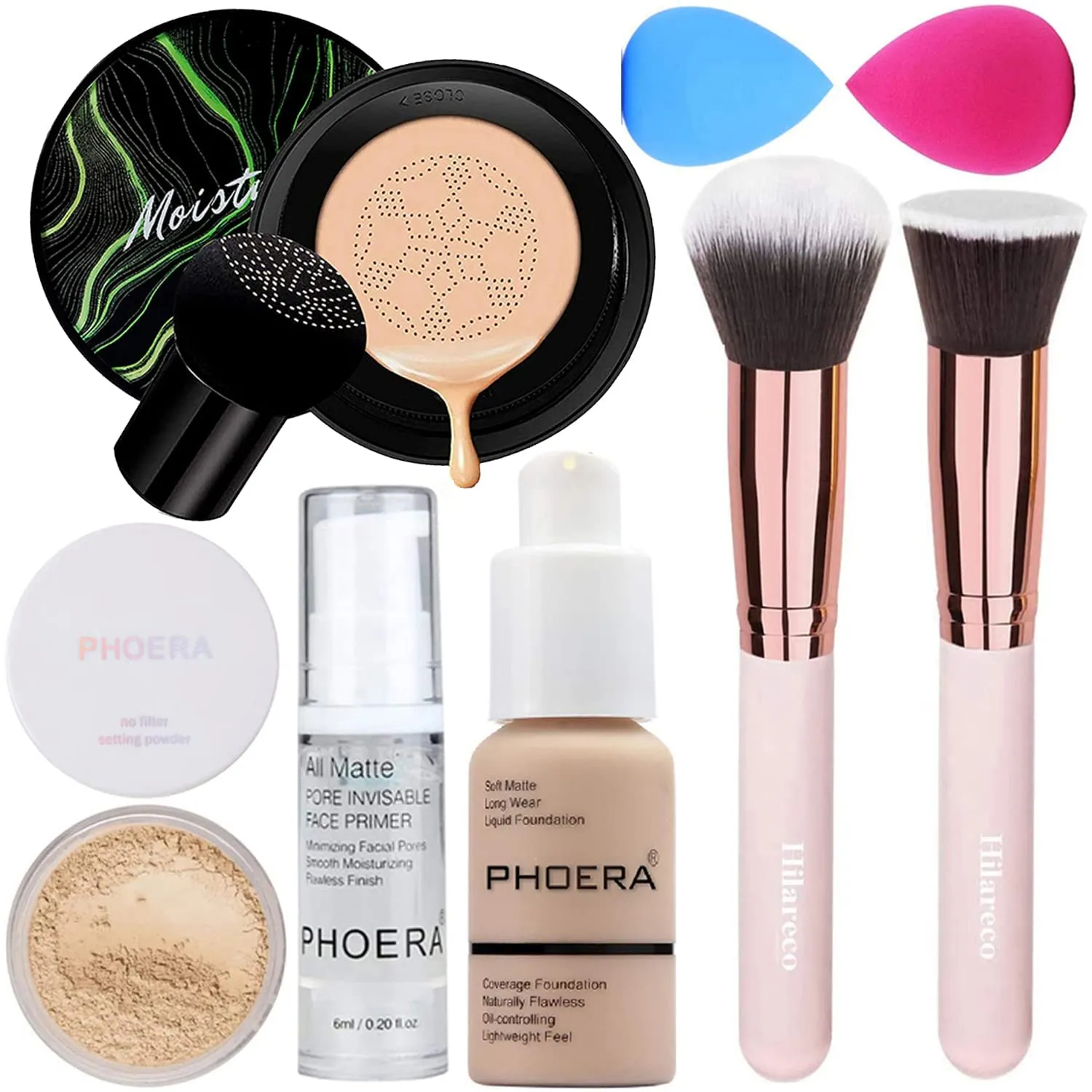 PHOERA Foundation,Mushroom Head Air Cushion CC Cream Natural Foundation, PHOERA Primer, PHOERA Powder, Kabuki Makeup Brushes Foundation Brush Powder Brush (101 Porcelain 01 Ivory CC)
