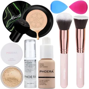 PHOERA Foundation,Mushroom Head Air Cushion CC Cream Natural Foundation, PHOERA Primer, PHOERA Powder, Kabuki Makeup Brushes Foundation Brush Powder Brush (101 Porcelain 01 Ivory CC)