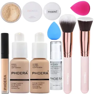 PHOERA Makeup Set - Full Coverage Foundation, Primer, Powder, Concealer & Kabuki Brushes (Buff Beige)
