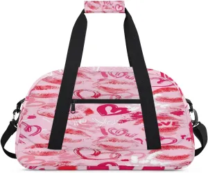 Pink Heart Lip Print Kids Overnighted Duffel Bag Carry-On Size & Ideal for School Practice or Weekender Travel with Zip and Shoulder Stra for Boys & Girls