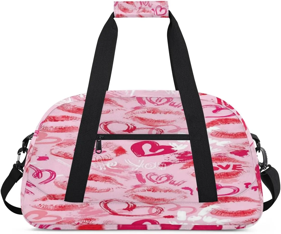 Pink Heart Lip Print Kids Overnighted Duffel Bag Carry-On Size & Ideal for School Practice or Weekender Travel with Zip and Shoulder Stra for Boys & Girls