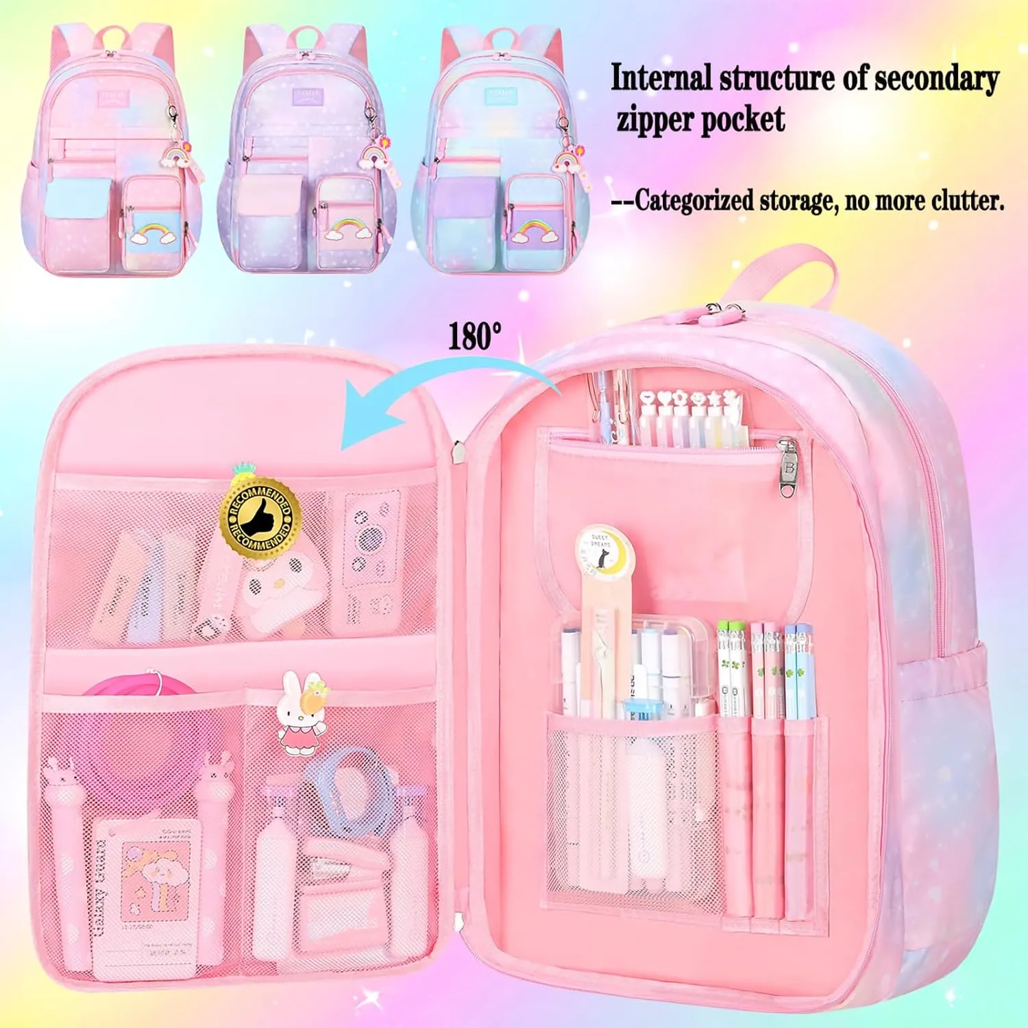 Pink Kawaii Backpack Starry Rainbow Bookbag Cute Large Capacity Backpack Multifunction Fashion Casual Laptop Travel Bag For Girl (Pink-17inch)