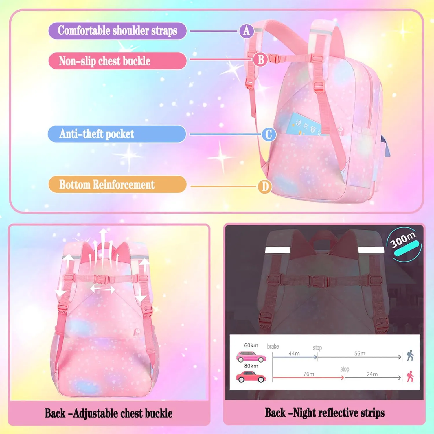 Pink Kawaii Backpack Starry Rainbow Bookbag Cute Large Capacity Backpack Multifunction Fashion Casual Laptop Travel Bag For Girl (Pink-17inch)