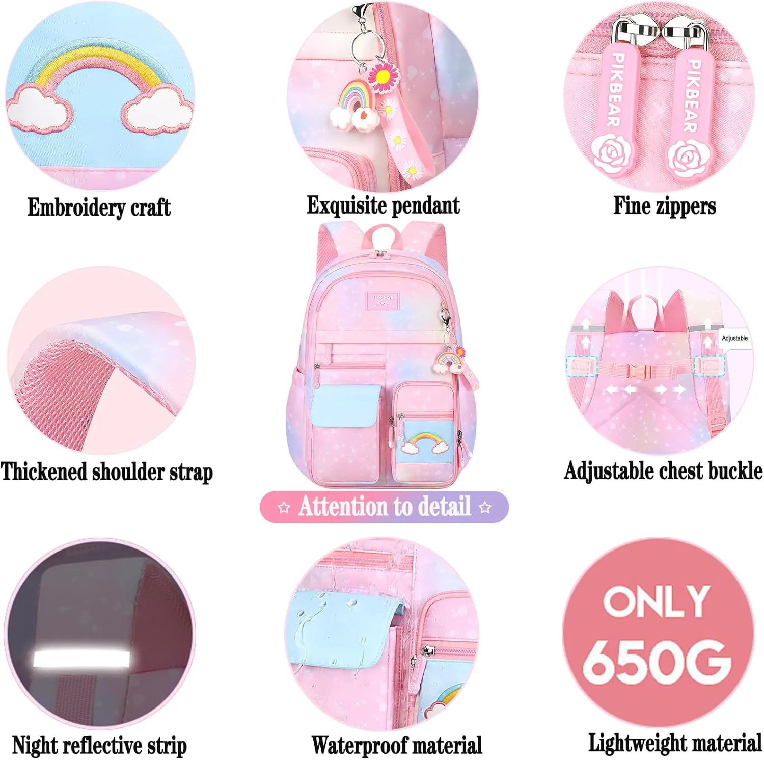 Pink Kawaii Backpack Starry Rainbow Bookbag Cute Large Capacity Backpack Multifunction Fashion Casual Laptop Travel Bag For Girl (Pink-17inch)