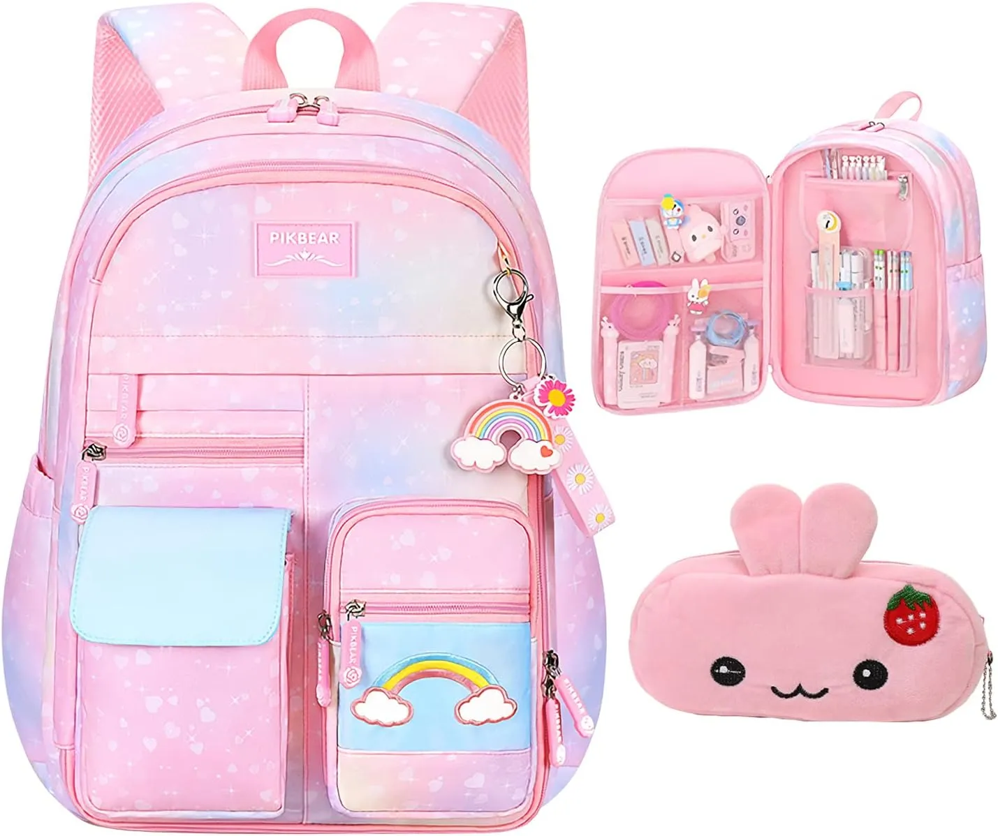 Pink Kawaii Backpack Starry Rainbow Bookbag Cute Large Capacity Backpack Multifunction Fashion Casual Laptop Travel Bag For Girl (Pink-17inch)