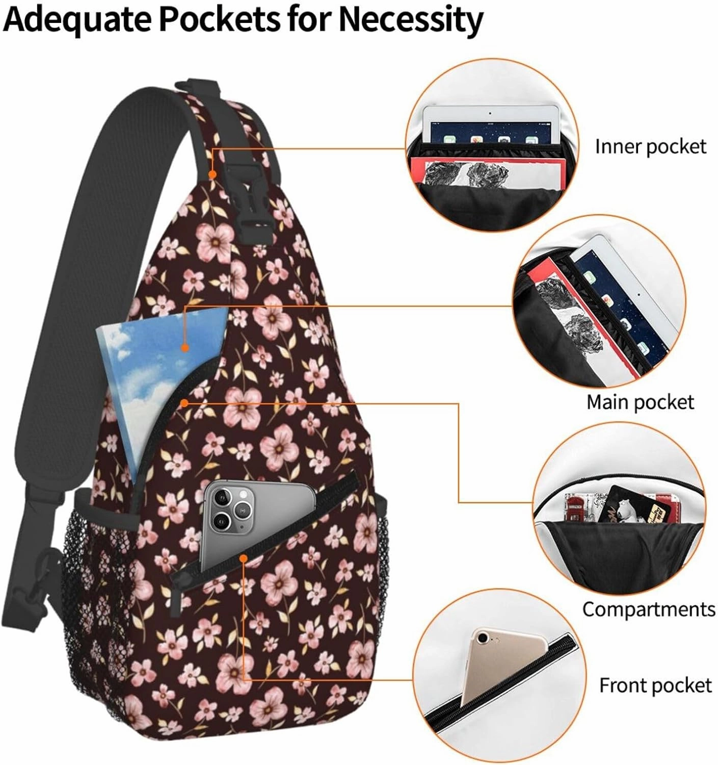 Pink Bright Peach Blossom Flowers Cross Chest Bag Diagonally Hiking Crossbody Bag Travel Shoulder Daypack Lightweight Sling Backpack Cycling Daypacks Fitness Chest Backpacks