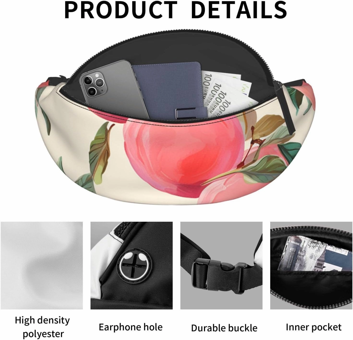 Pink Peach Fanny Pack for Man Women Waist Bag Adjustable Belt Casual Chest Bag Bum Bags for Travel Sports Running Hiking Waist Packs