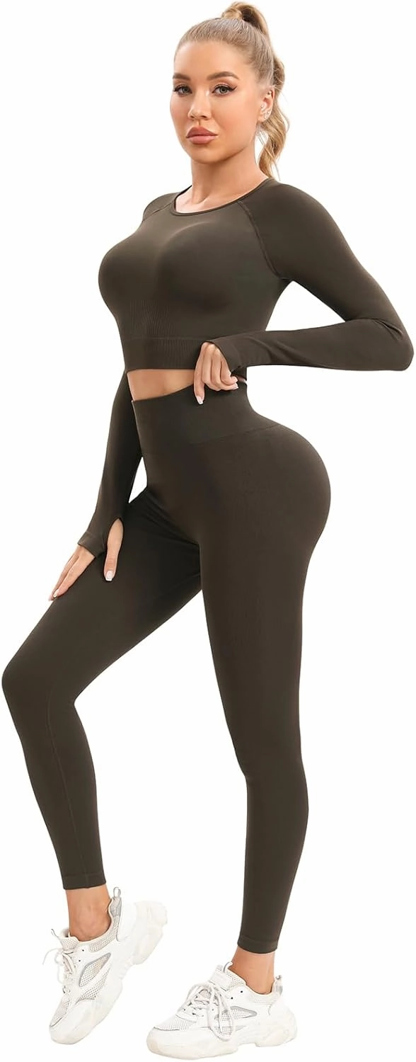 PINKSAVIOR Workout Sets for Women Two Piece Outfits Seamless High Waist Leggings Yoga Crop Tops Athletic Sports Gym Sets