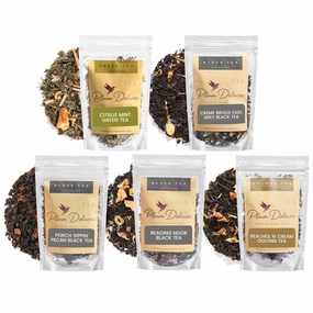 Plum Deluxe Loose Leaf Tea Sampler – 5 Whole Leaf Blends with Caffeine: Crème Brulee Earl Grey, Peach Oolong, Green Citrus Mint, Pecan & Floral Black, Hot or Iced (75–100 Cups) Small Batched in USA