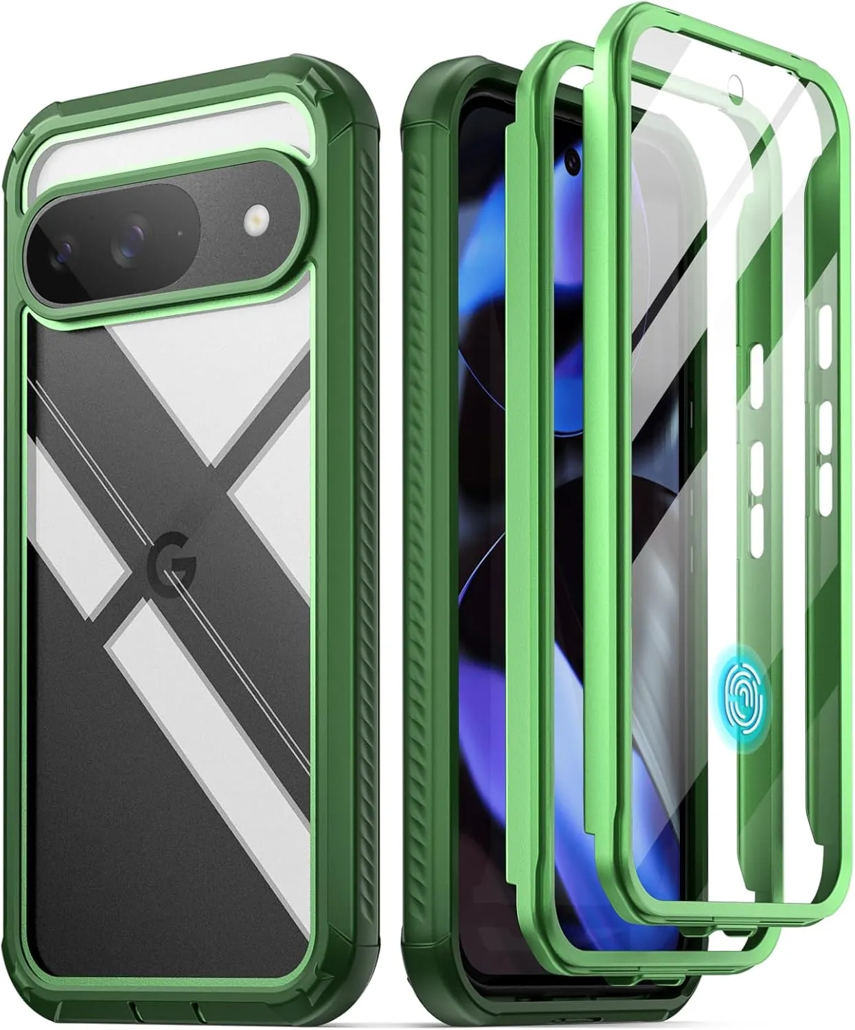 Poetic Guardian Case for Google Pixel 9/9 Pro 5G 6.3 inch, Built-in Screen Protector [Work with Fingerprint ID], [2 Front Frame] Full Body Shockproof Rugged Clear Cover Case, Green/Clear