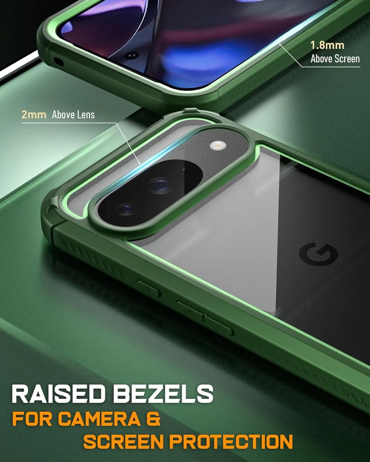 Poetic Guardian Case for Google Pixel 9/9 Pro 5G 6.3 inch, Built-in Screen Protector [Work with Fingerprint ID], [2 Front Frame] Full Body Shockproof Rugged Clear Cover Case, Green/Clear