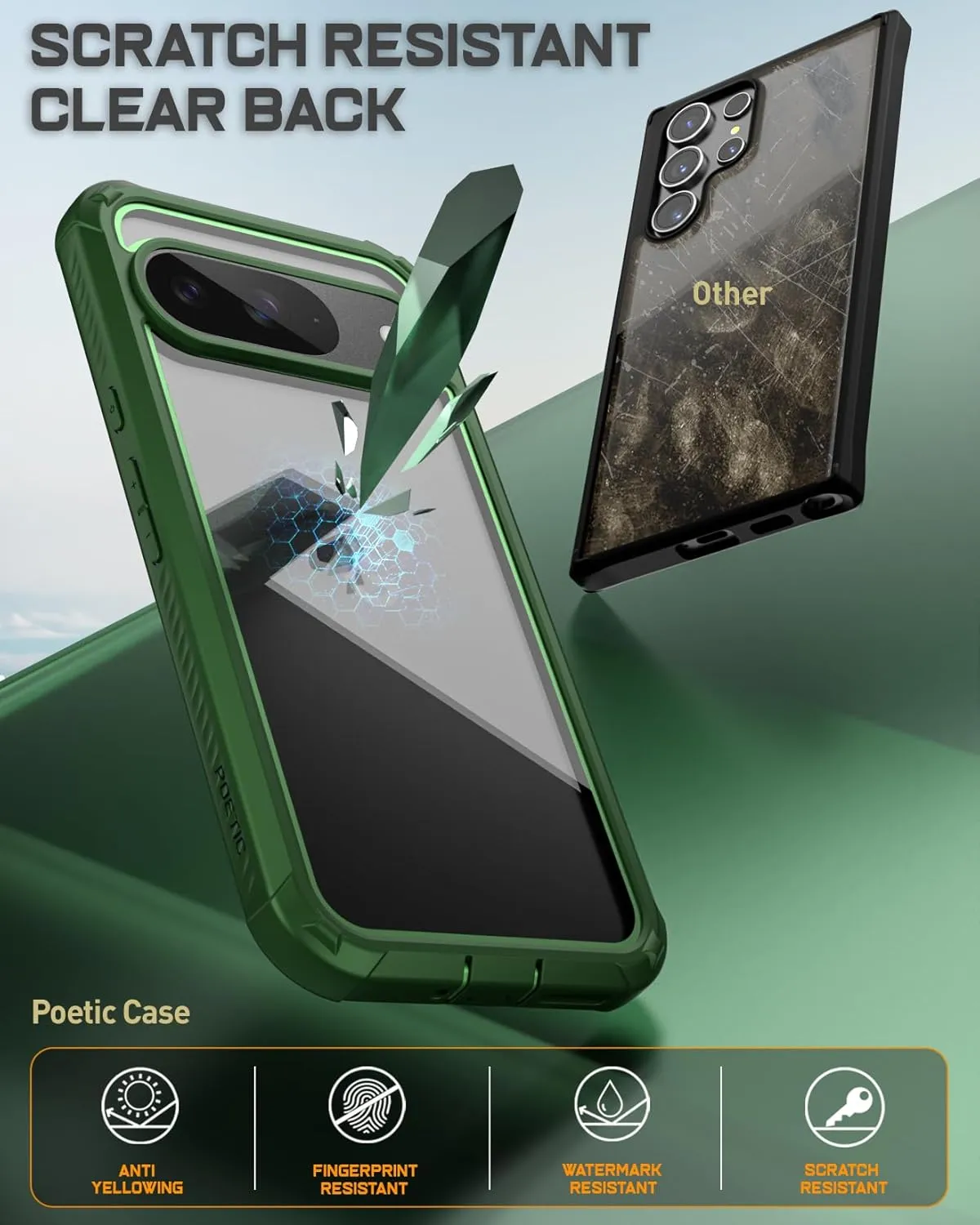 Poetic Guardian Case for Google Pixel 9/9 Pro 5G 6.3 inch, Built-in Screen Protector [Work with Fingerprint ID], [2 Front Frame] Full Body Shockproof Rugged Clear Cover Case, Green/Clear