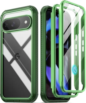 Poetic Guardian Case for Google Pixel 9/9 Pro 5G 6.3 inch, Built-in Screen Protector [Work with Fingerprint ID], [2 Front Frame] Full Body Shockproof Rugged Clear Cover Case, Green/Clear